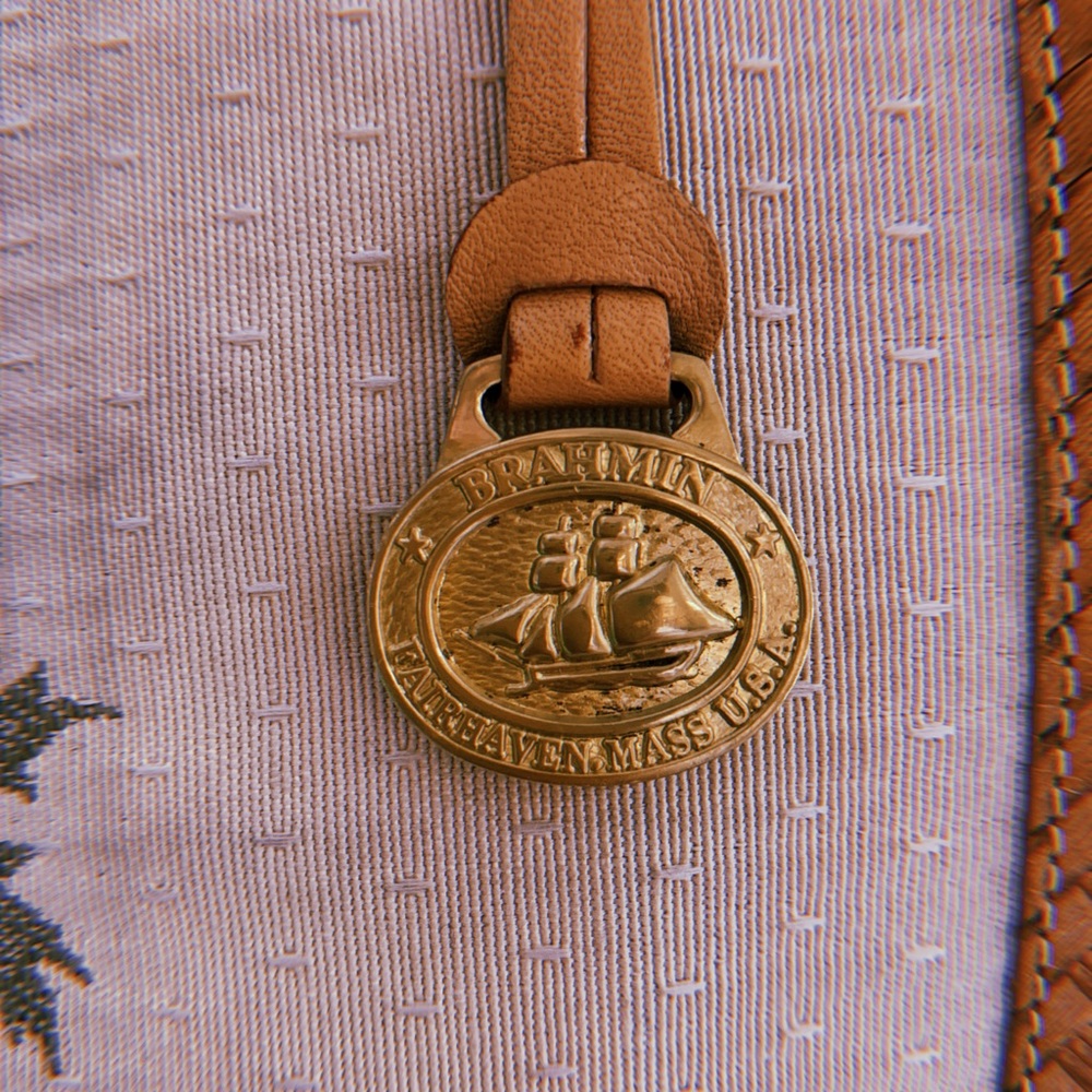 • Vtg. Brahmin woven straw bamboo handled canvas palm tree bag • - Picture 9 of 9